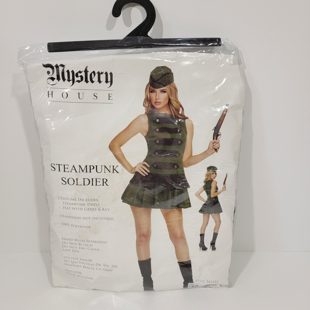 Mystery House Steampunk Soldier Costume Dress Hat Set Olive Green XL M1533